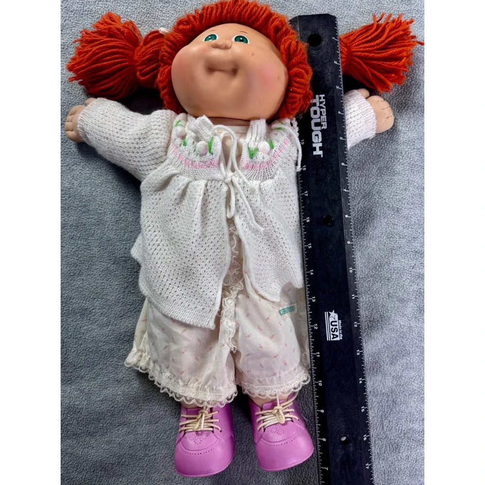 Vintage Cabbage Patch‎ Kids Doll Red Yarn Hair Green Eyes Knit Sweater 16 inch
